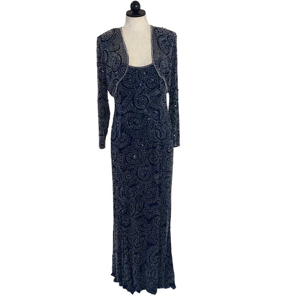 Oleg Cassini Vintage Womens Dress Jacket Set Size 10 Blue Beaded Slip Pure Silk